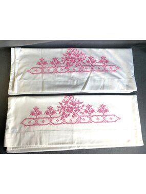 Vintage Hand Embroidered Pillowcases Set White Cotton with Pink Floral Design Be